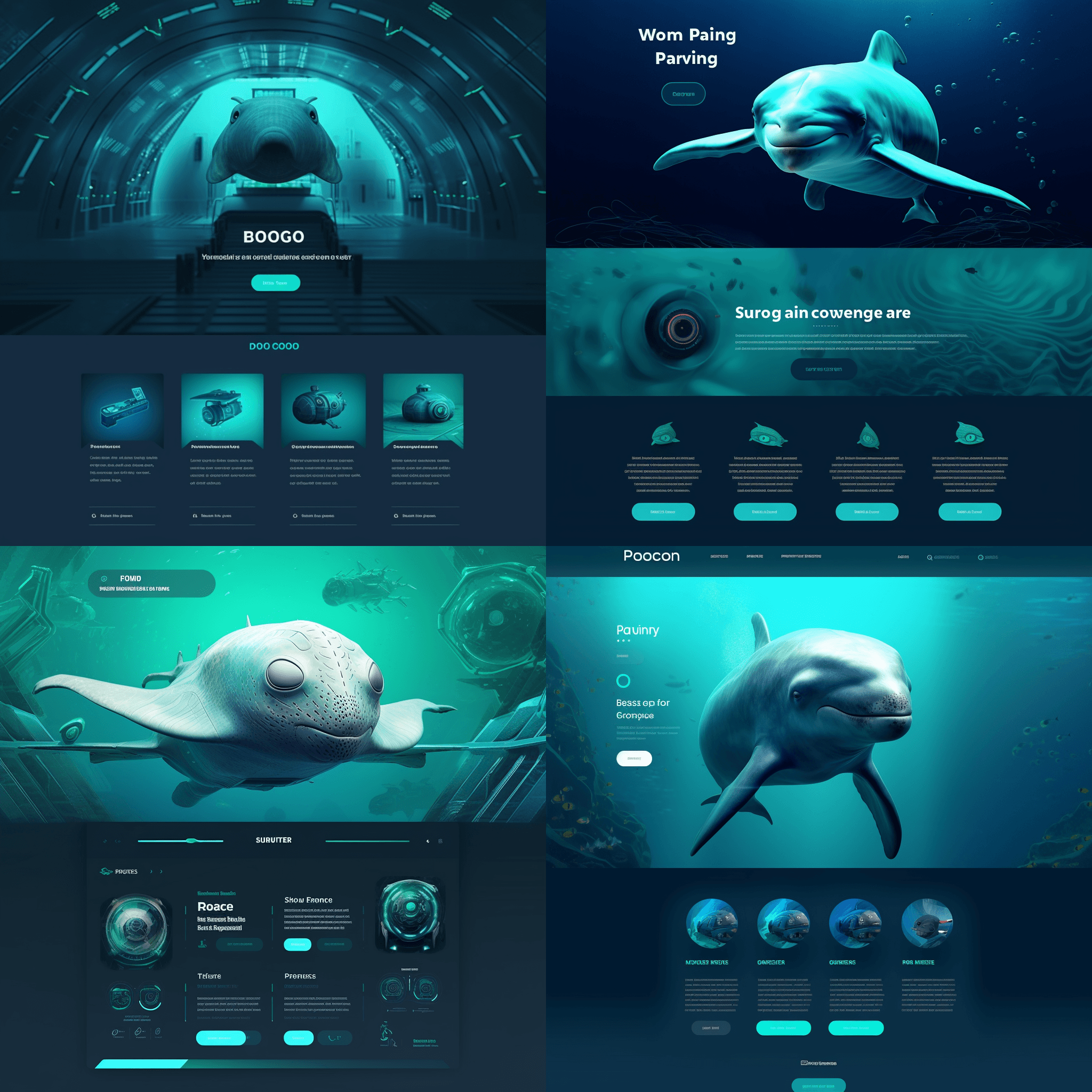 Tech-inspired seascape with a central dugong in deep
teal.