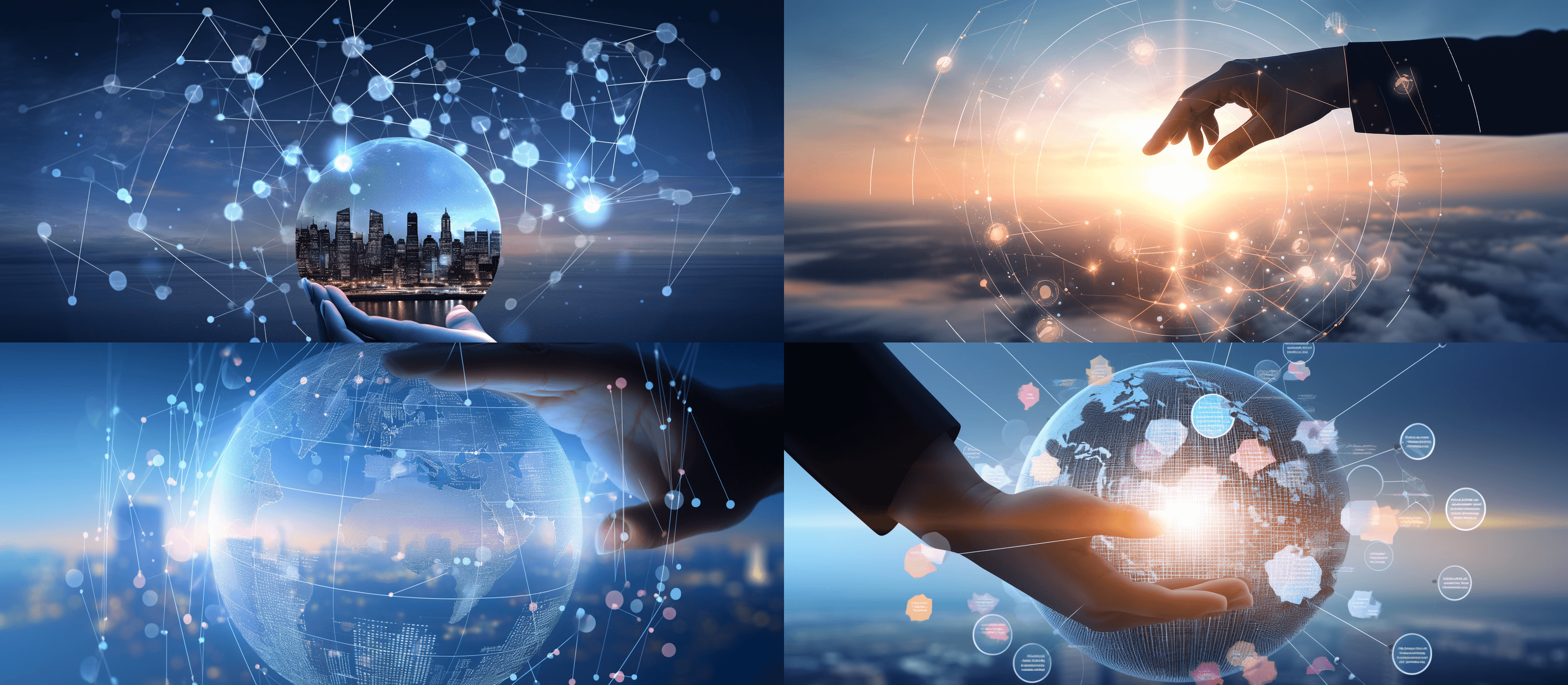 Businessman's hand touching global network connections against sunset,
abstract tech imagery.