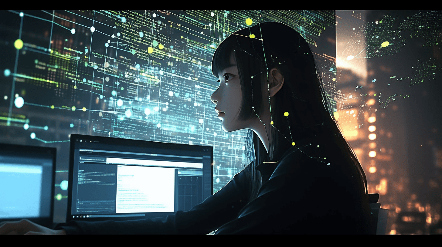 Japanese IT engineer with laptop, code on background screen, softly lit.