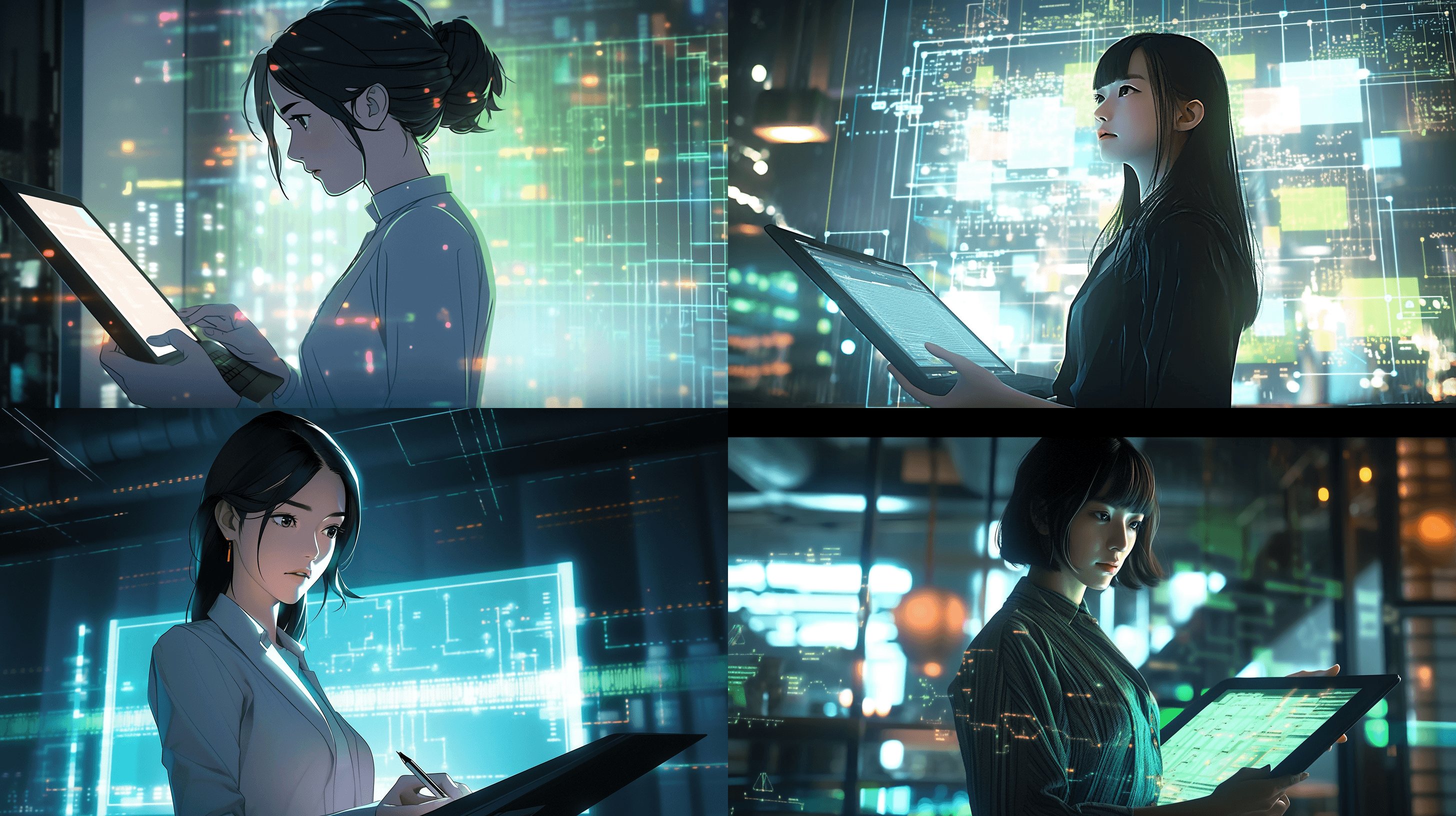 Smiling Japanese IT engineer holding laptop, soft ambient lit scene with
background code.