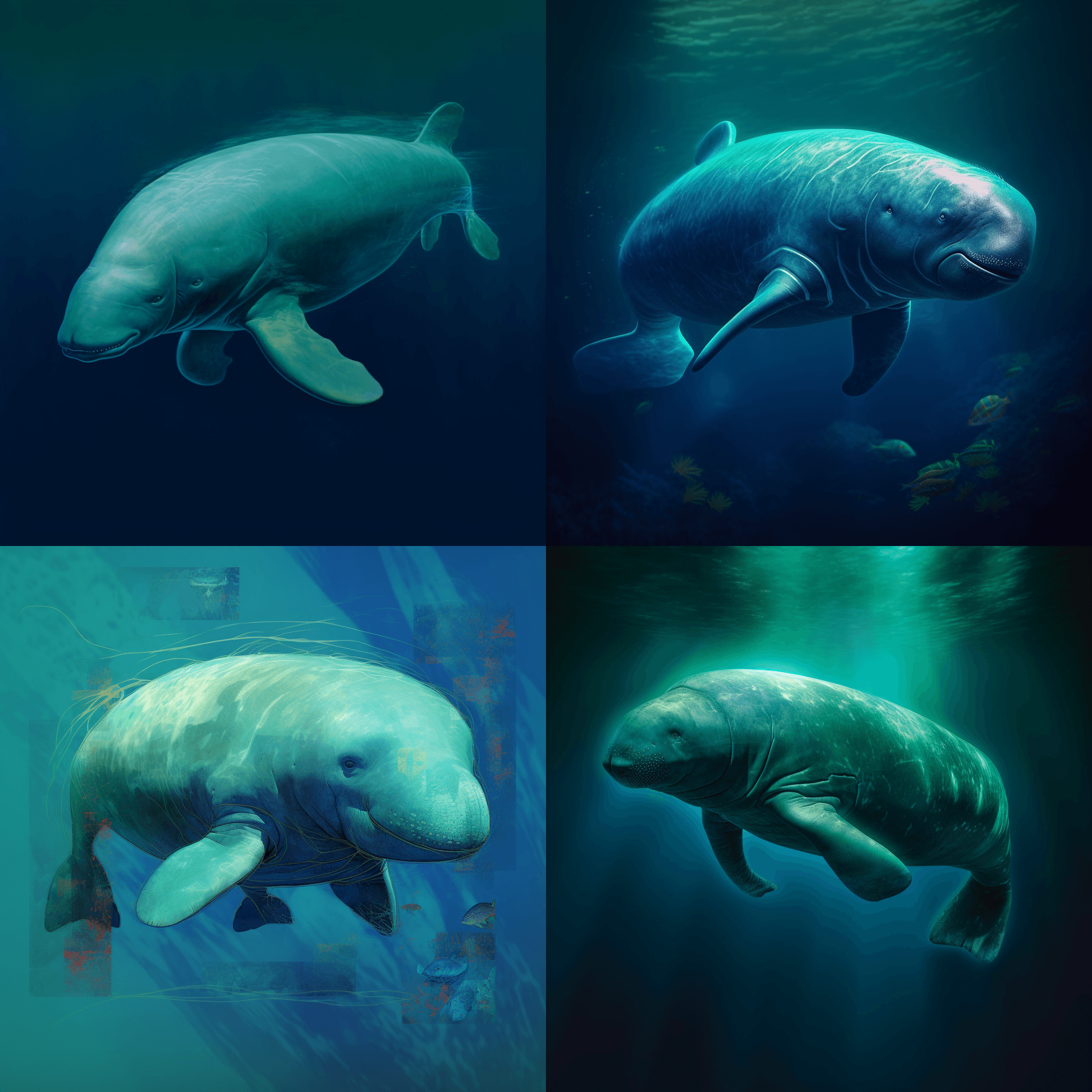 Tech-ocean blend with dugong in bright deep teal, 8k
resolution.