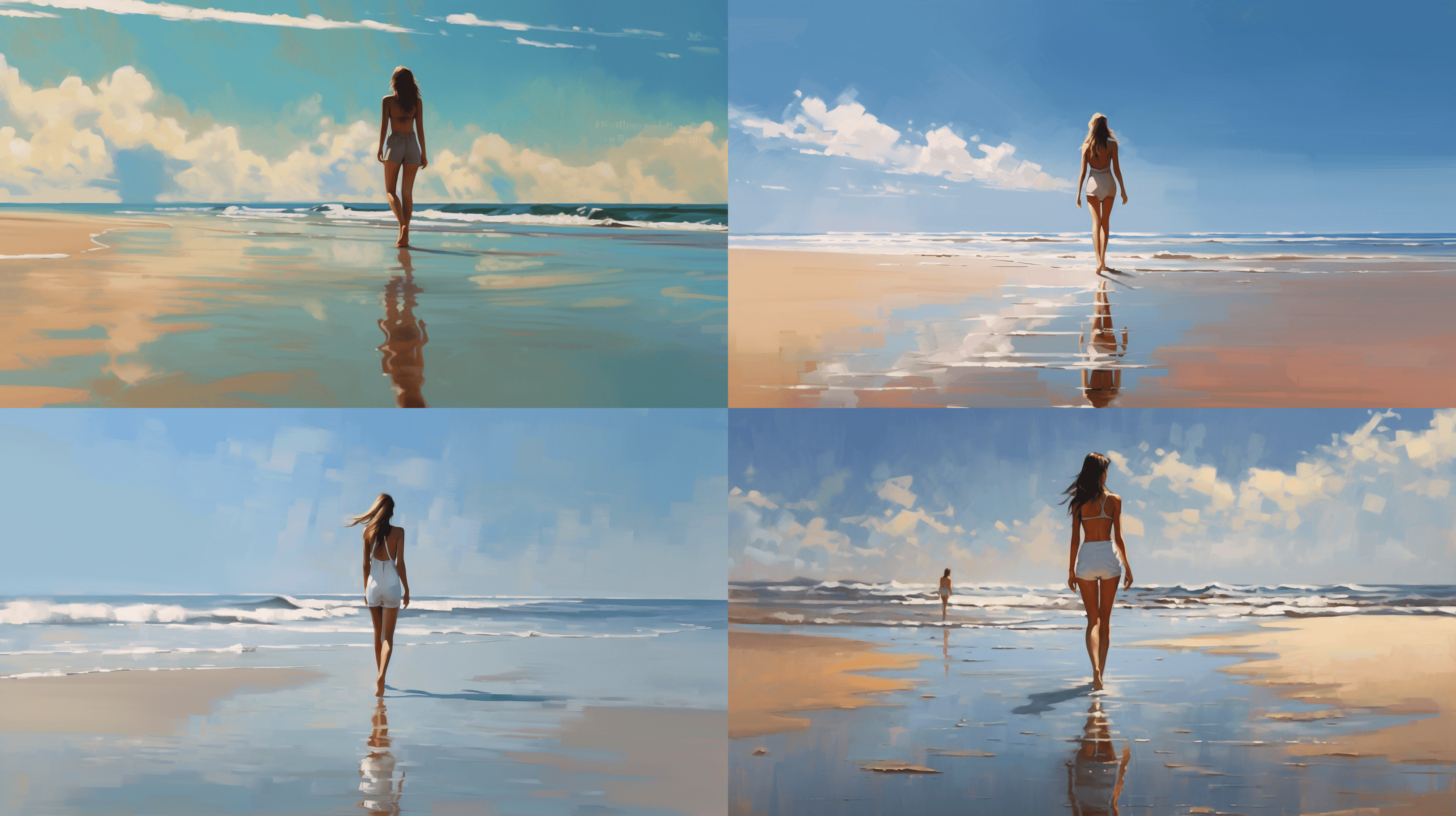 Woman on a beach in chrome reflections and flat art
style.