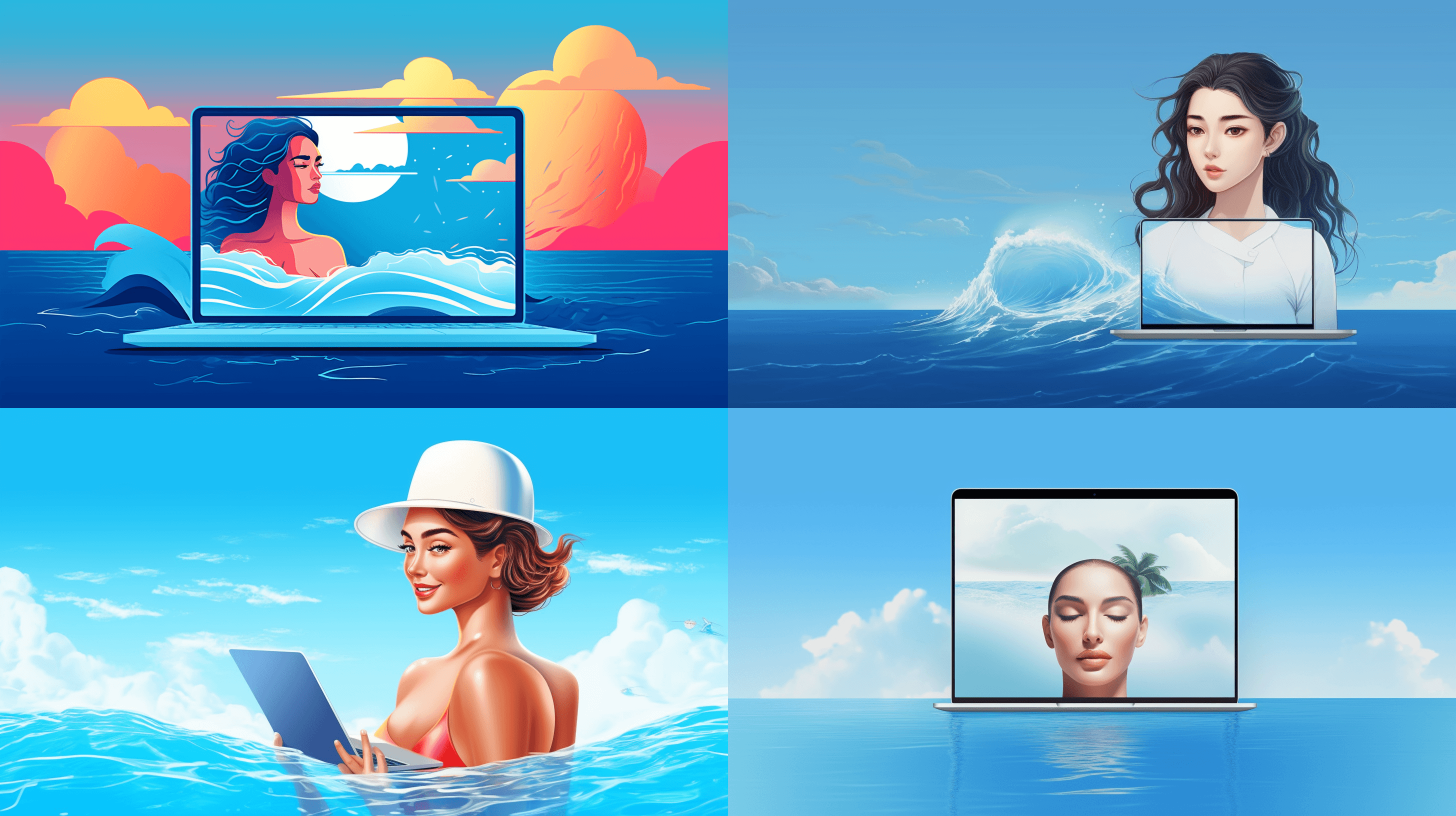 8k cartoon programmer with laptop and dugong, blue sky
backdrop