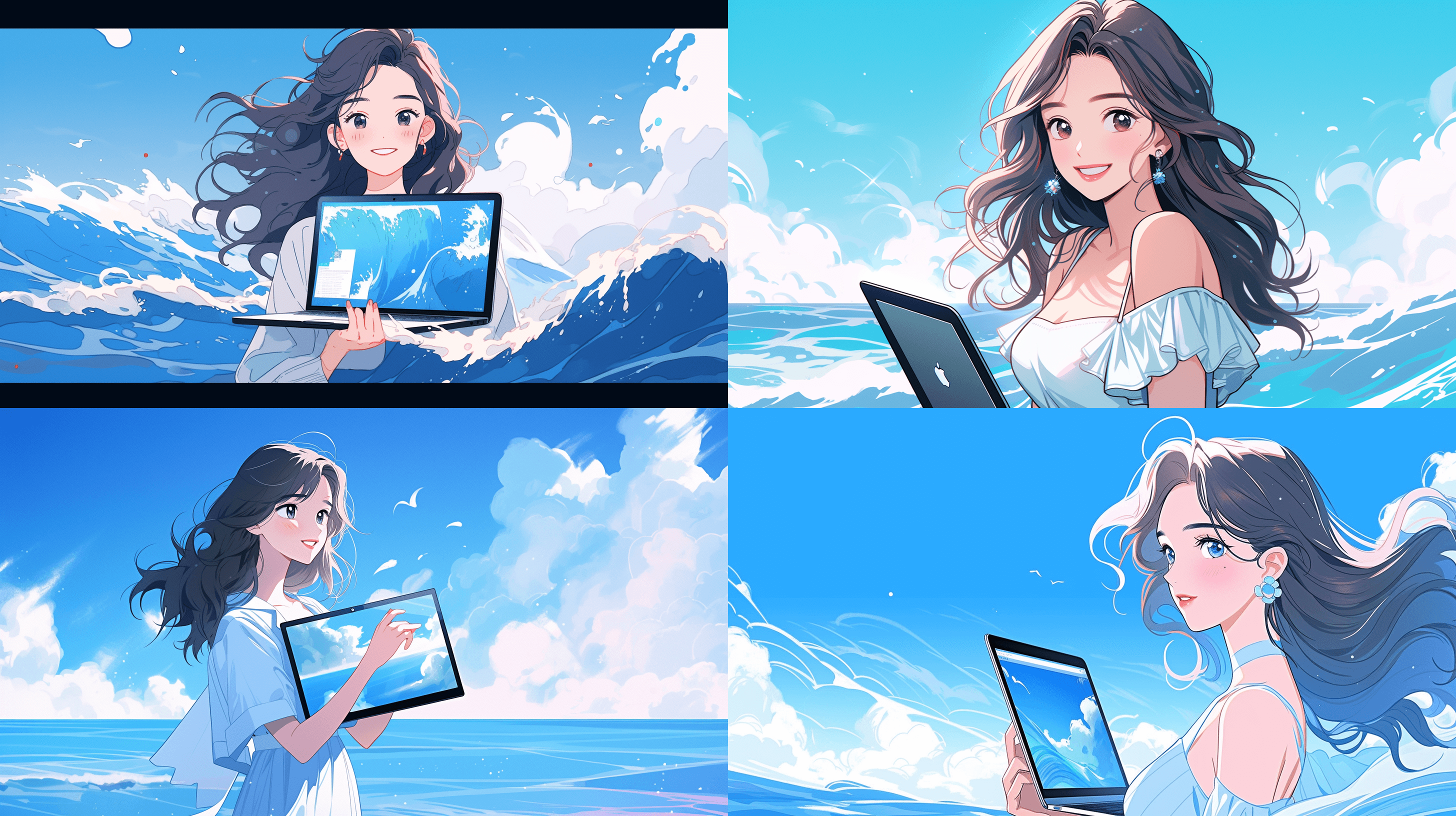 8k illustration: figure with laptop against ocean and
sky.