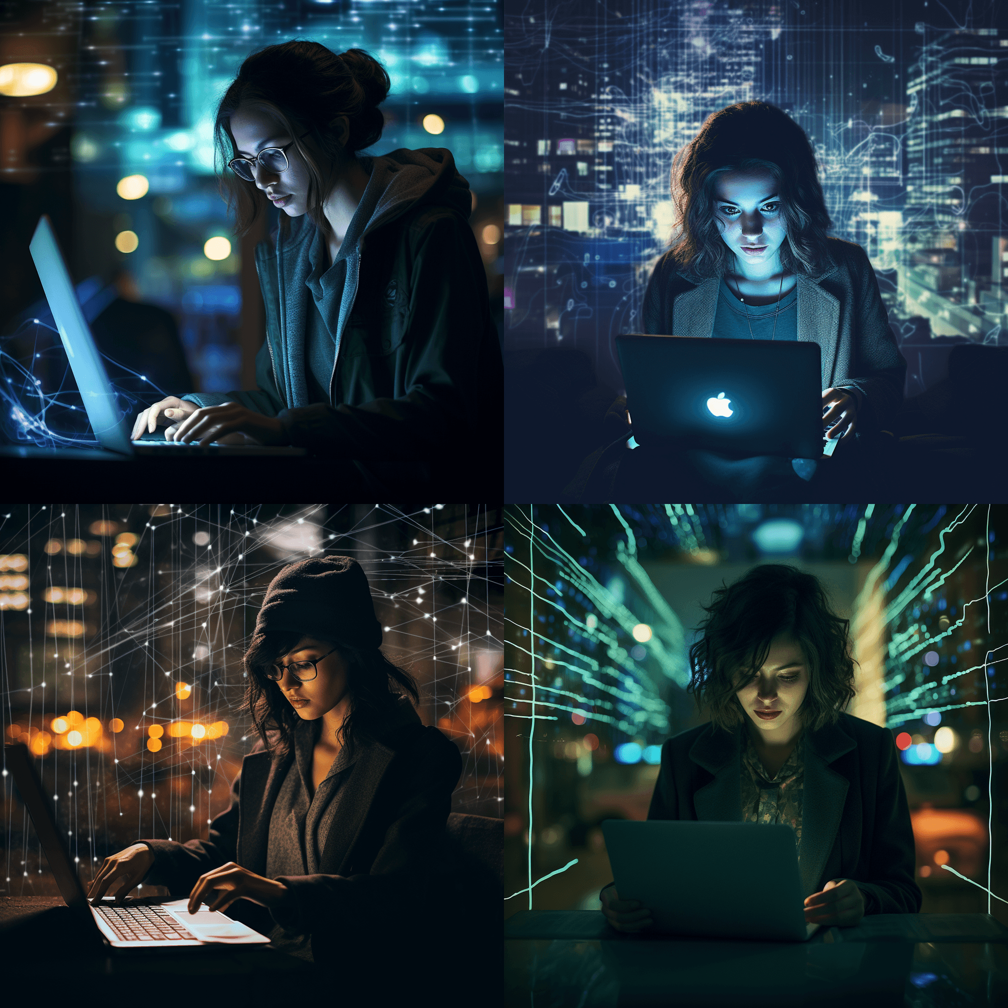 Girl with computer against dark San Francisco, candid
style.