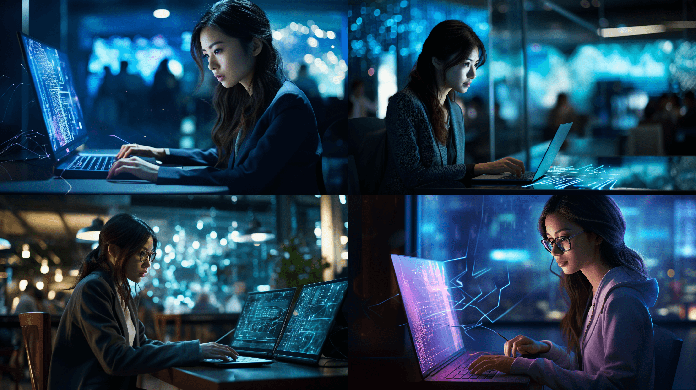 Elegant Japanese IT engineer programming on a laptop with another screen
showing code, lit softly.