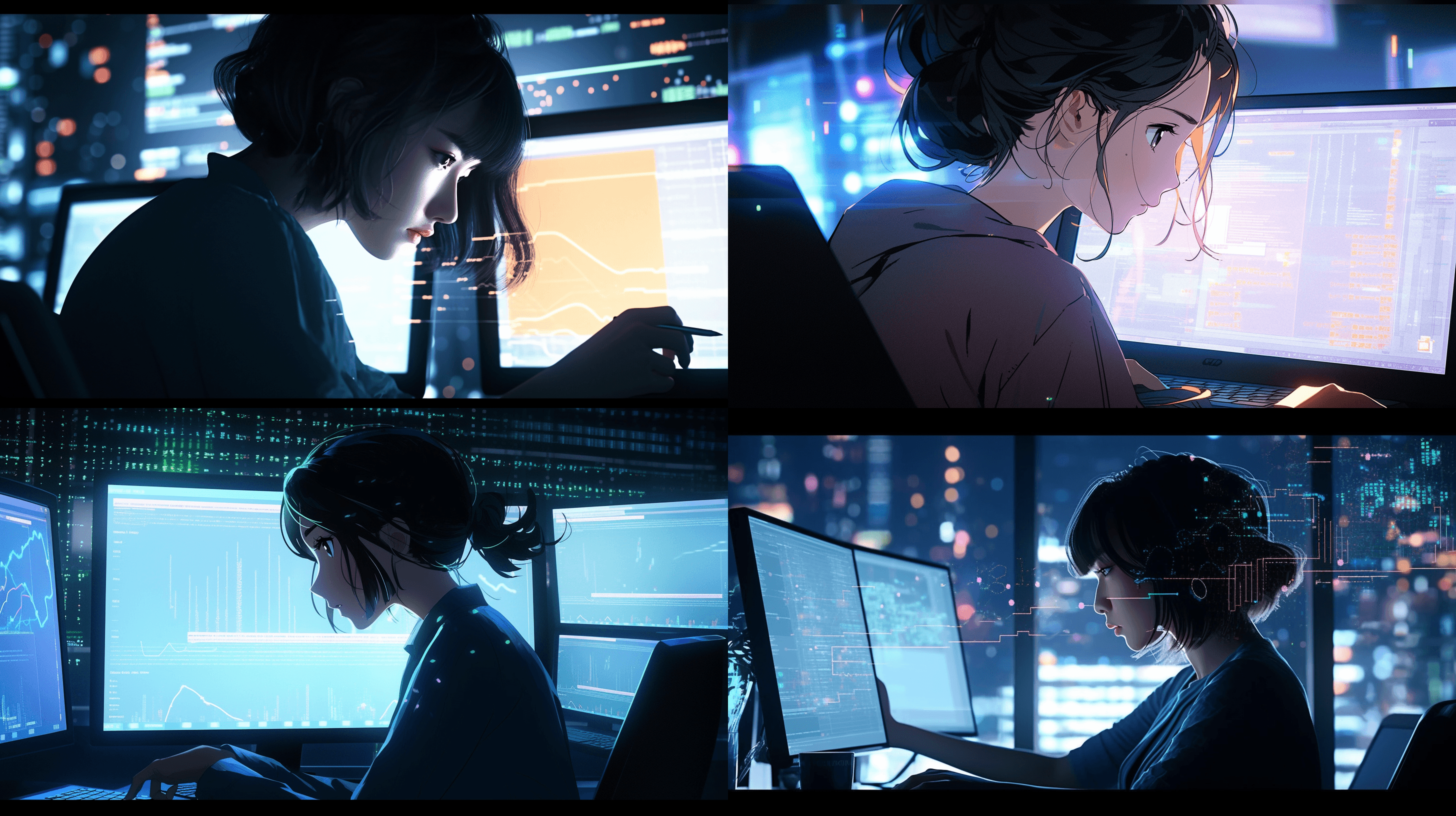 Beautiful Japanese IT engineer coding on a laptop, soft ambient
lighting.