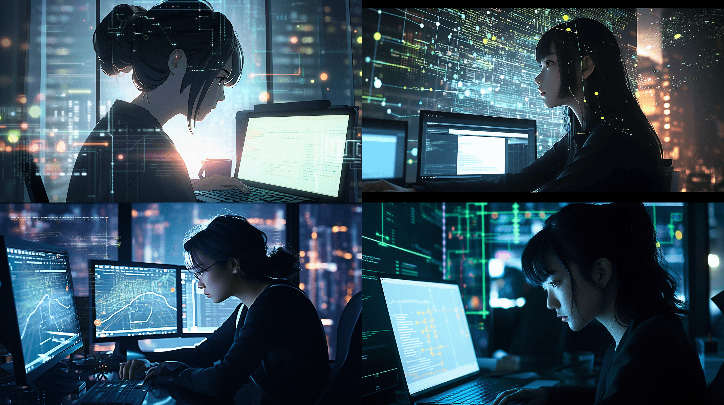 Japanese female IT engineer programming, second screen with code, softly
illuminated.